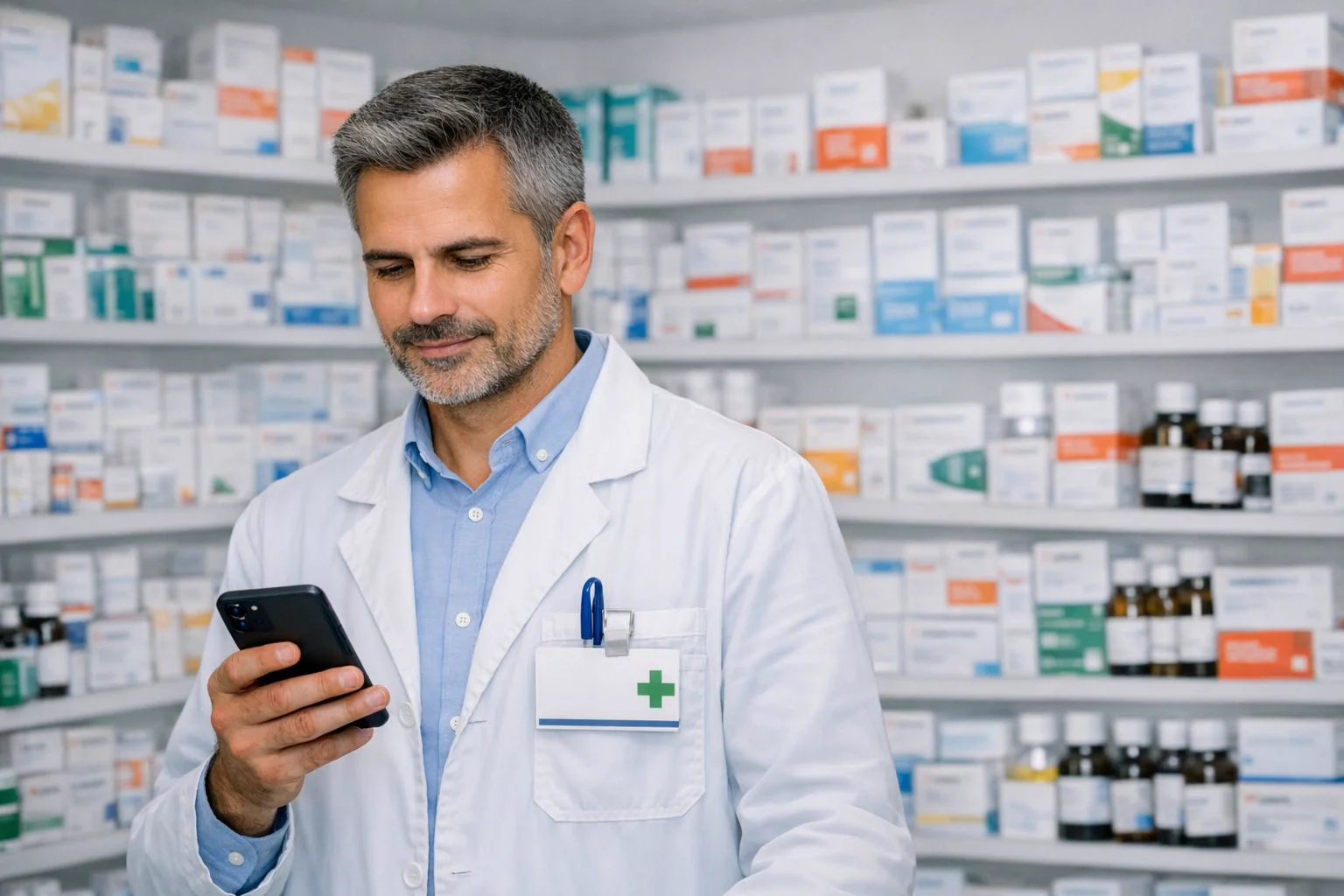 Farmacista gestore con smartphone